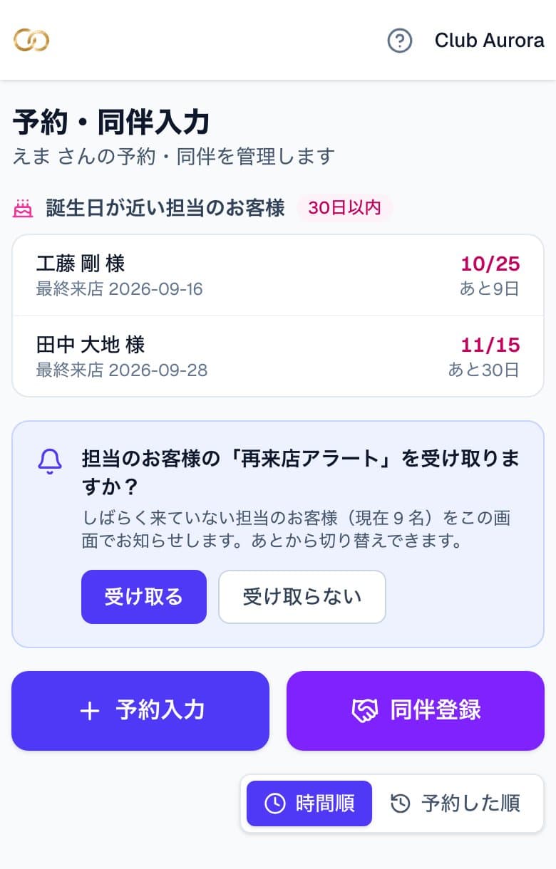 キャストの予約入力の画面