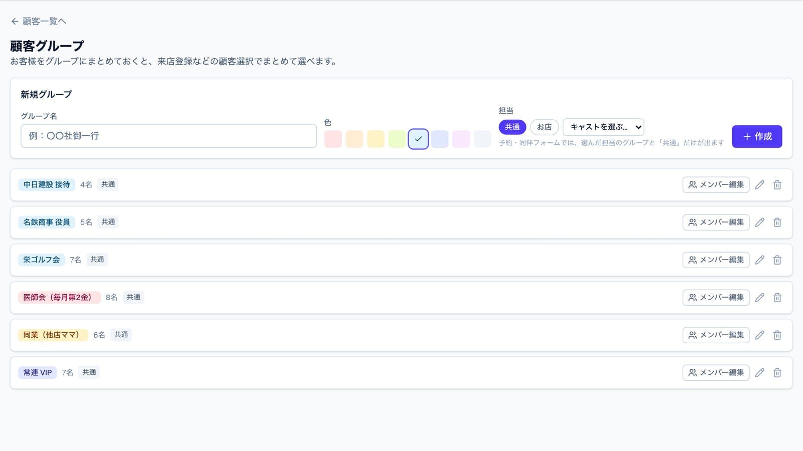 顧客グループの画面