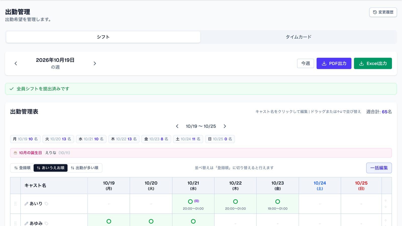 出勤管理表の画面